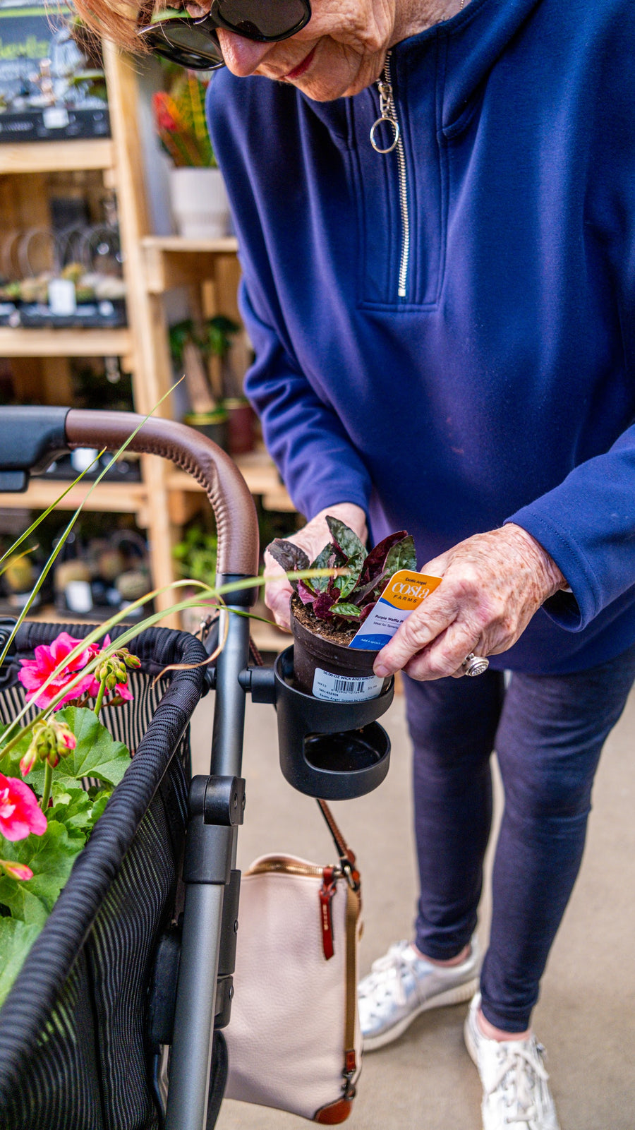 Hands set a potted plant into the mesh bag of a Stability Shopper at the garden center